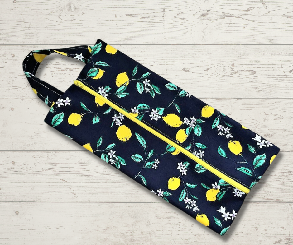 Shoe bag, toiletry bag, travel bag, holiday bag, reusable gift bags, make up bag, holiday accessories, Lemons