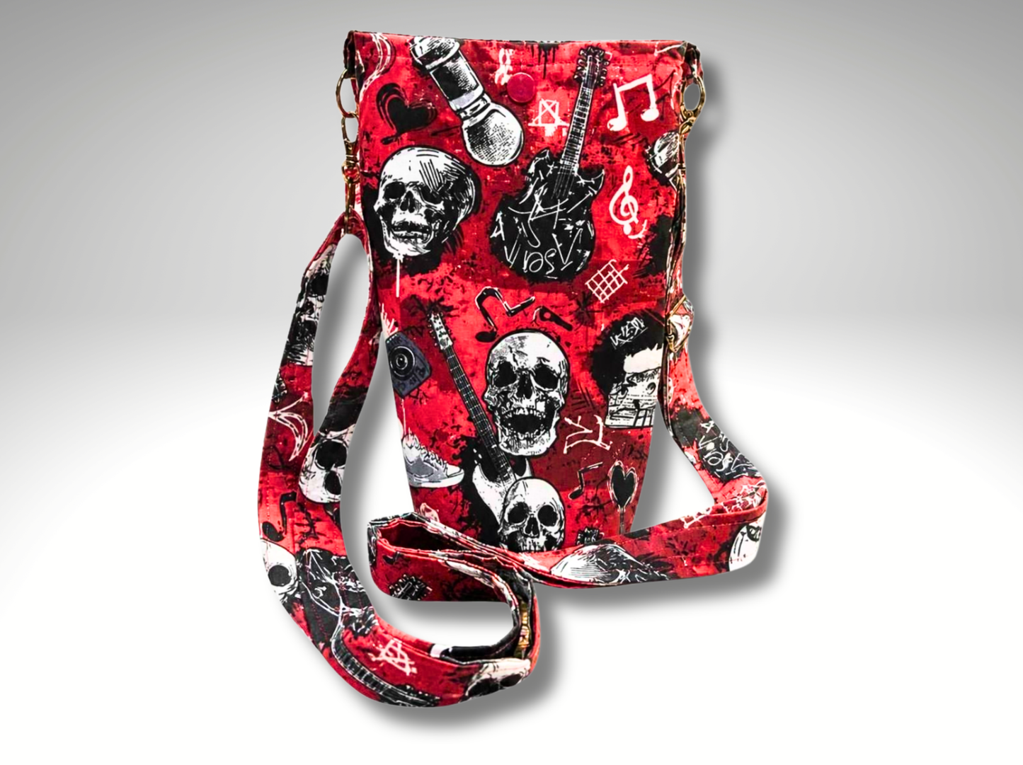 Rock and Roll skulls Bottle Travel Bag, Water Bottle Bag, Hiking dog walking bag, cross body bag