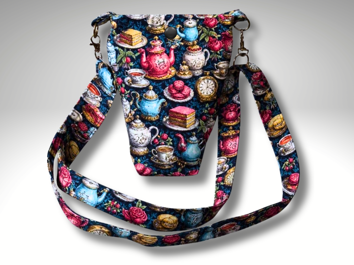 Tea Party Bottle Travel Bag, Water Bottle Bag, Hiking dog walking bag, cross body bag, Wonderland