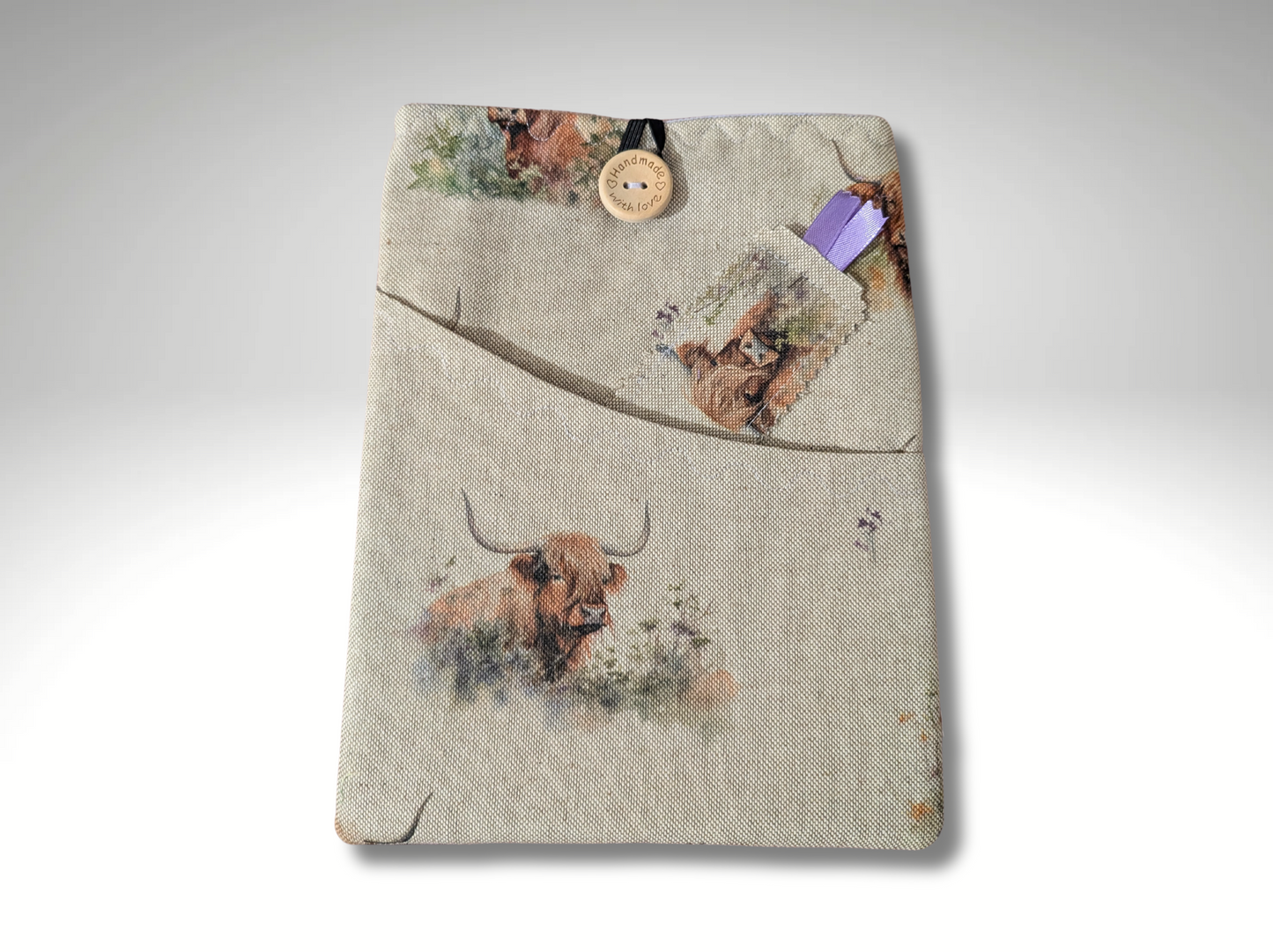Book sleeve, book protector, book jacket, bookmark, Highland Cow book cover