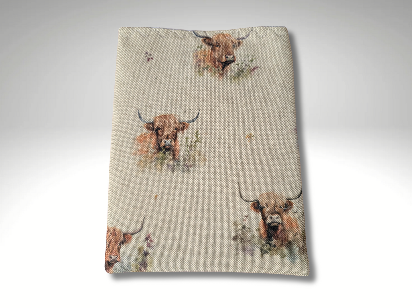 Book sleeve, book protector, book jacket, bookmark, Highland Cow book cover