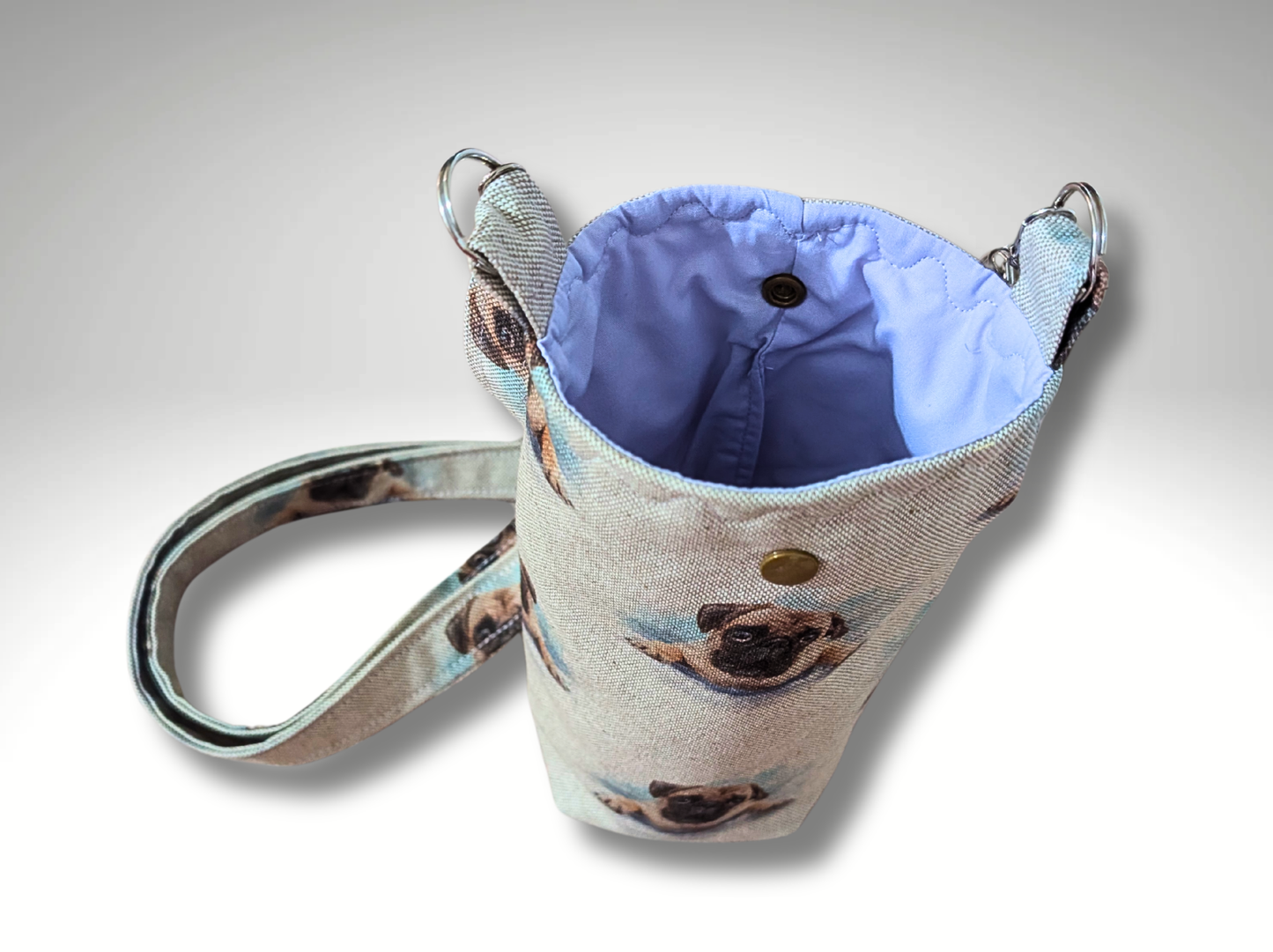 Bottle bag, travel bottle bag, water bottle bag, hiking bag, Pug dog walking bag, across body bag