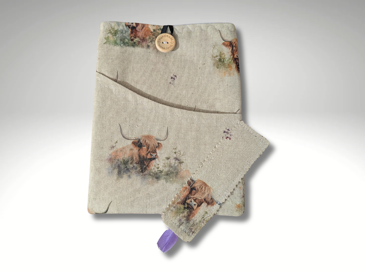 Book sleeve, book protector, book jacket, bookmark, Highland Cow book cover