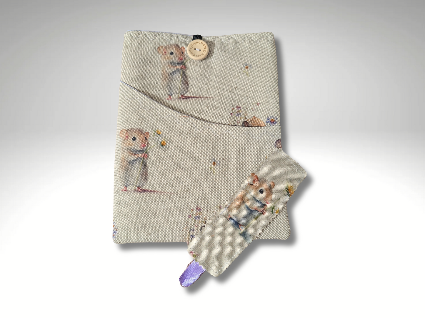 Book sleeve, book protector, book jacket, bookmark, Field Mouse book cover