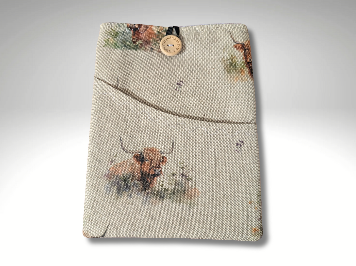 Book sleeve, book protector, book jacket, bookmark, Highland Cow book cover