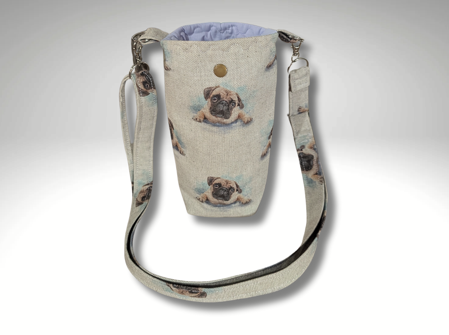 Bottle bag, travel bottle bag, water bottle bag, hiking bag, Pug dog walking bag, across body bag