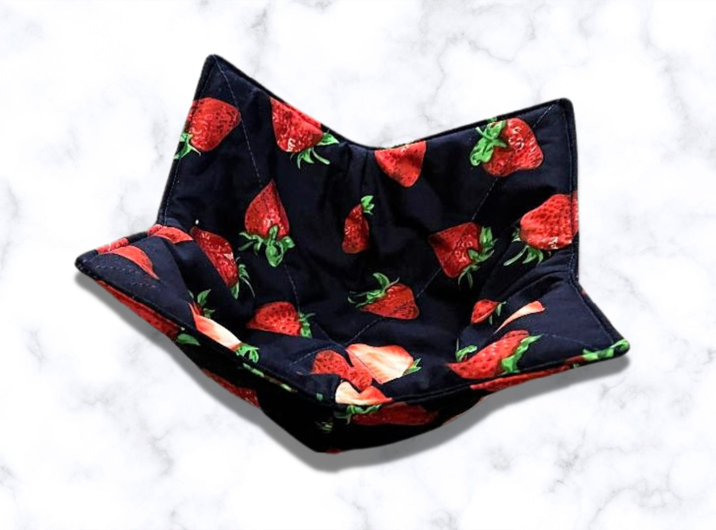 bowl cozy, strawberry bowl cosy, mothers day gift, housewarming gift, bowl holder, reversible, strawberries, potholder, bowl hug
