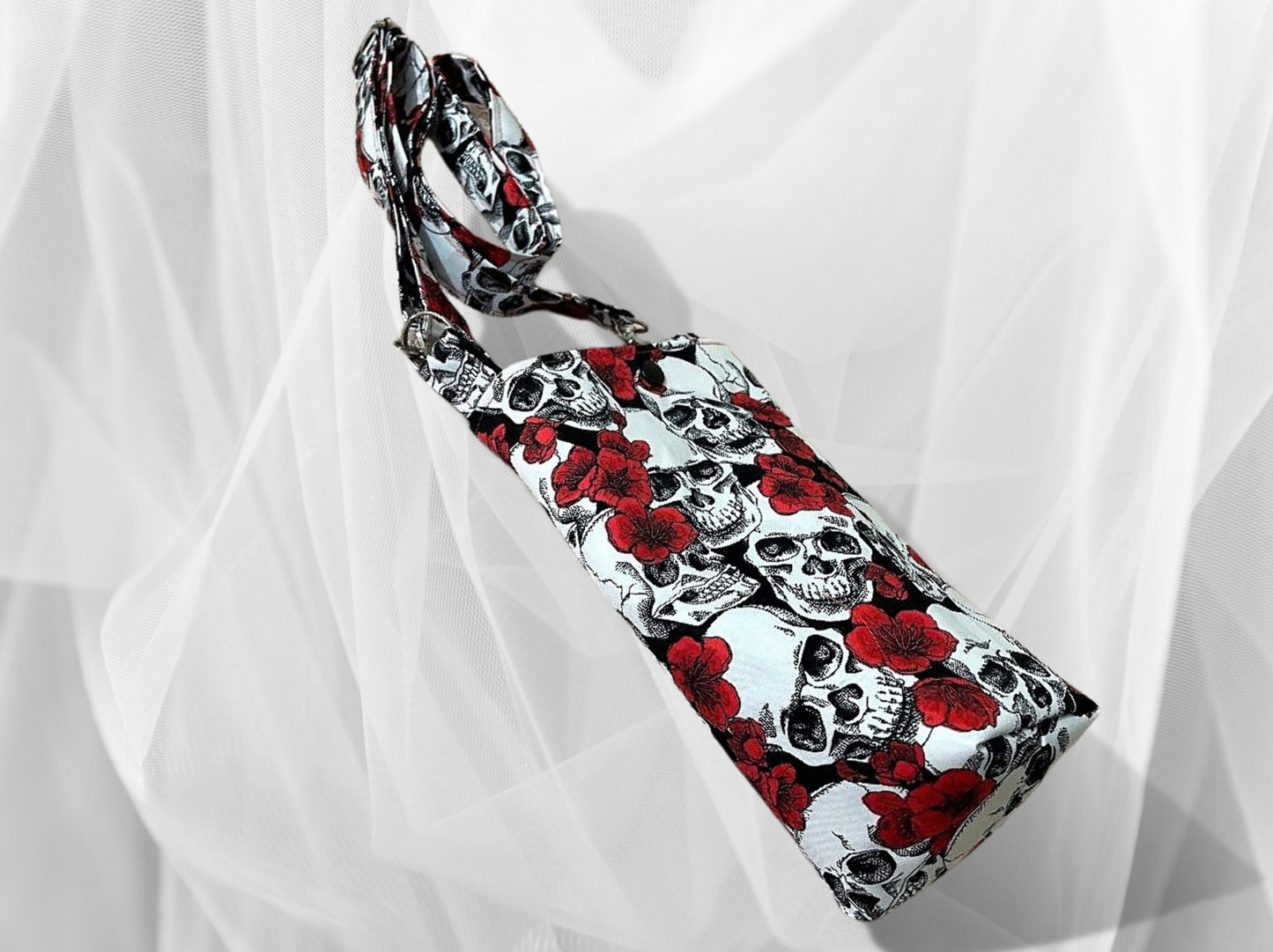 Bottle bag, travel bottle bag, water bottle bag, hiking bag, drinks holder, walking bag, Skulls, Gothic bag, across body bag,
