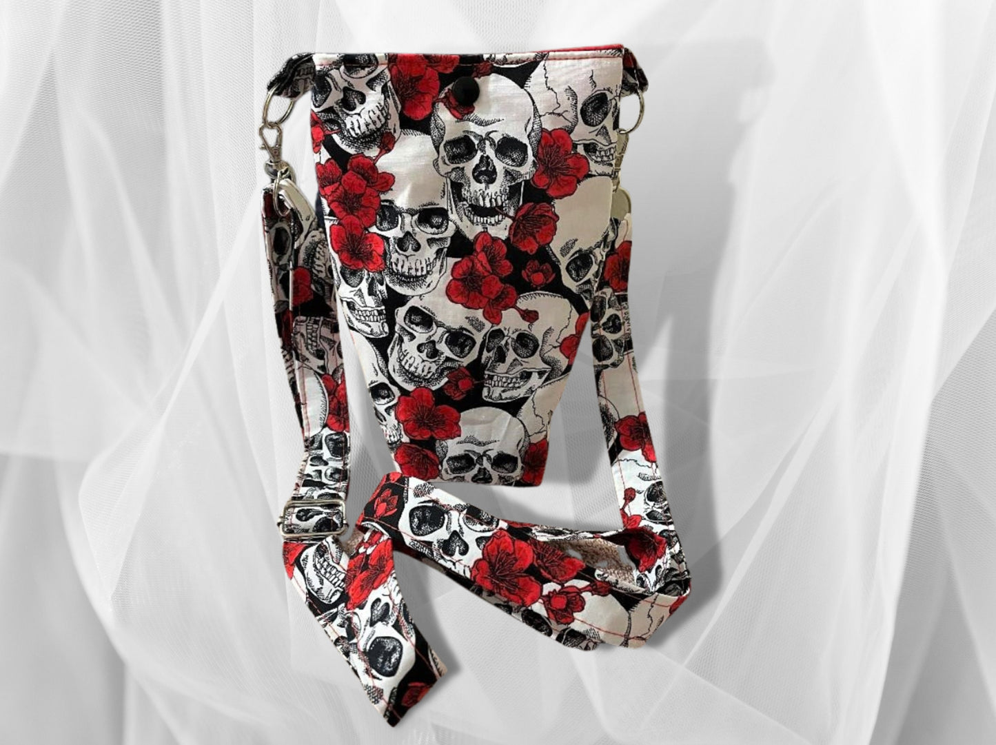 Bottle bag, travel bottle bag, water bottle bag, hiking bag, drinks holder, walking bag, Skulls, Gothic bag, across body bag,