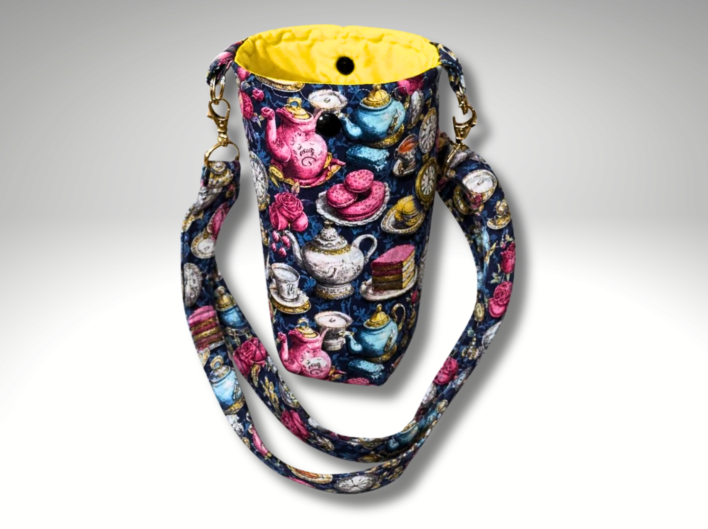 Tea Party Bottle Travel Bag, Water Bottle Bag, Hiking dog walking bag, cross body bag, Wonderland
