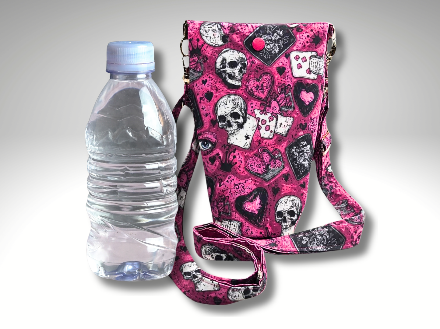 Punk Skull Bottle Travel Bag, Water Bottle Bag, Hiking dog walking bag, cross body bag, playing cards