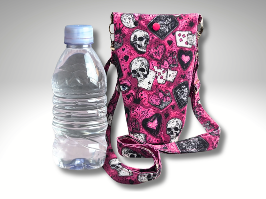Punk Skull Bottle Travel Bag, Water Bottle Bag, Hiking dog walking bag, cross body bag, playing cards