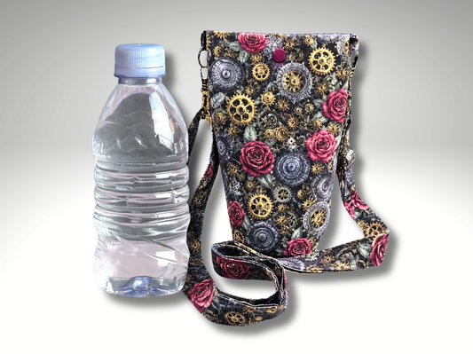 Steampunk Bottle Travel Bag, Water Bottle Bag, Hiking dog walking bag, cross body bag