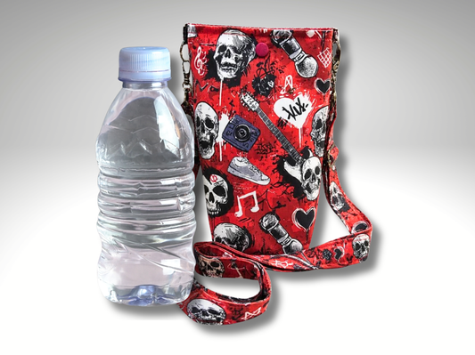 Rock and Roll skulls Bottle Travel Bag, Water Bottle Bag, Hiking dog walking bag, cross body bag