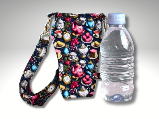 Tea Party Bottle Travel Bag, Water Bottle Bag, Hiking dog walking bag, cross body bag, Wonderland