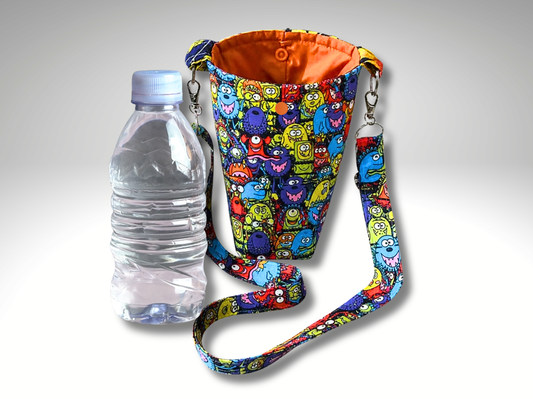 Cartoon Monster Fun Bottle Travel Bag, Water Bottle Bag, Hiking dog walking bag, cross body bag