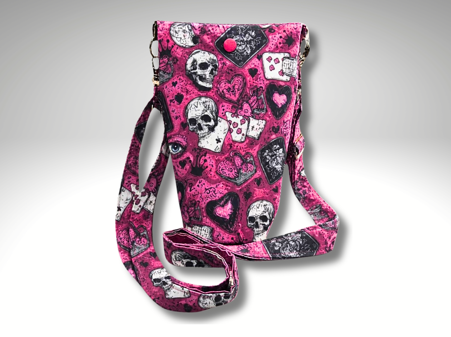 Punk Skull Bottle Travel Bag, Water Bottle Bag, Hiking dog walking bag, cross body bag, playing cards