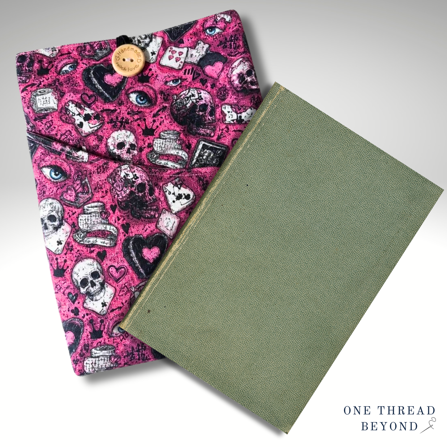 Skulls, hearts and cards book sleeve, padded book protector, book jacket, bookmark, punk