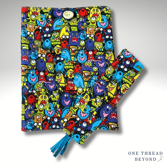 Cartoon monsters book sleeve, kids padded book protector, childrens book jacket, bookmark
