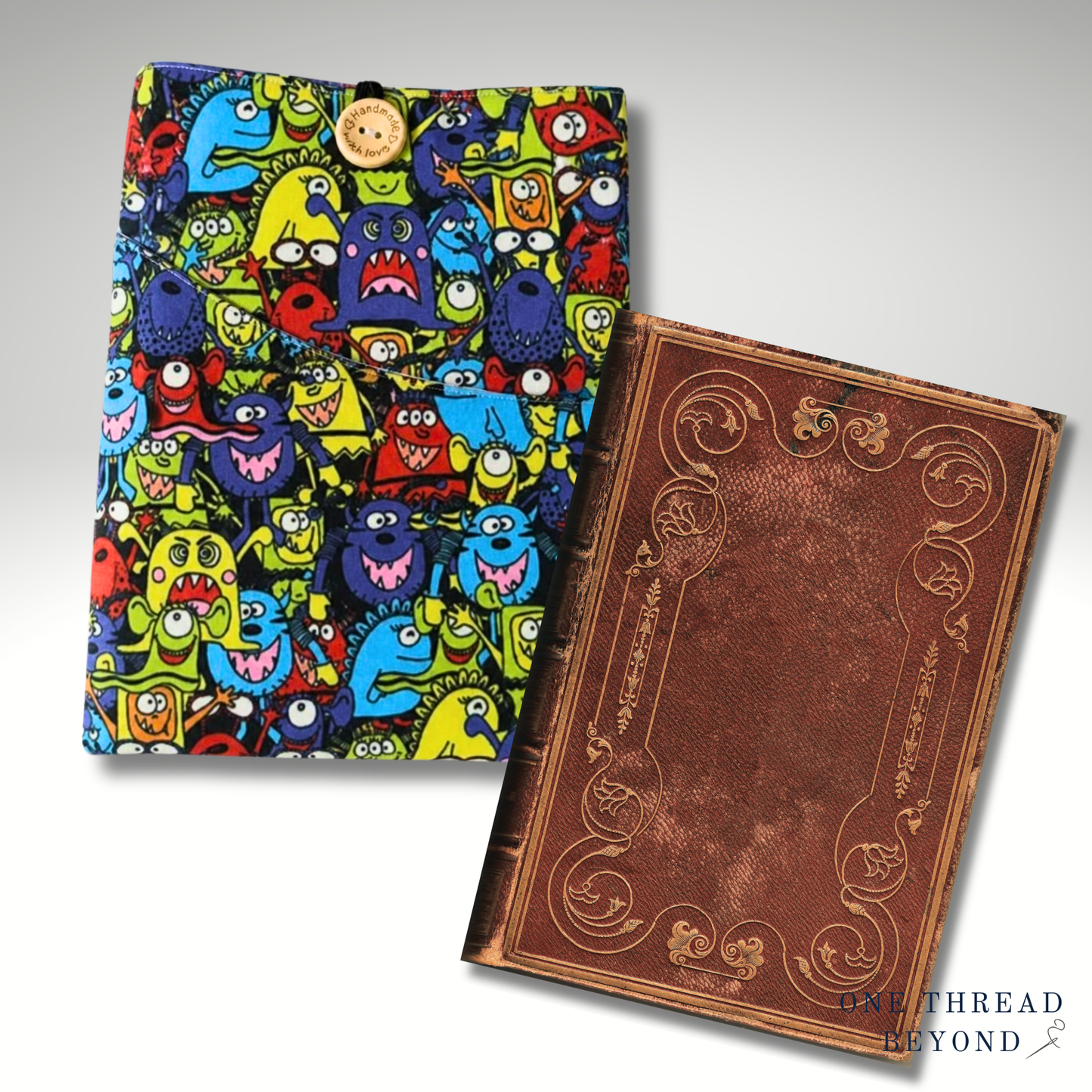 Cartoon monsters book sleeve, kids padded book protector, childrens book jacket, bookmark