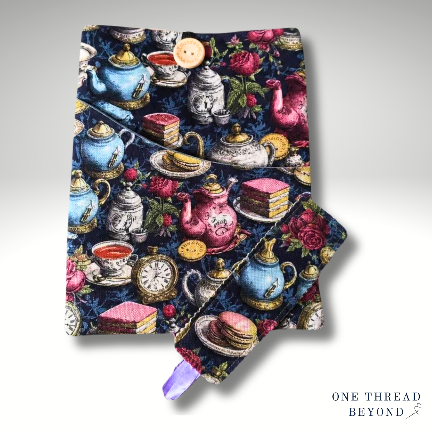 Tea party wonderland book sleeve, padded book protector, book jacket, bookmark