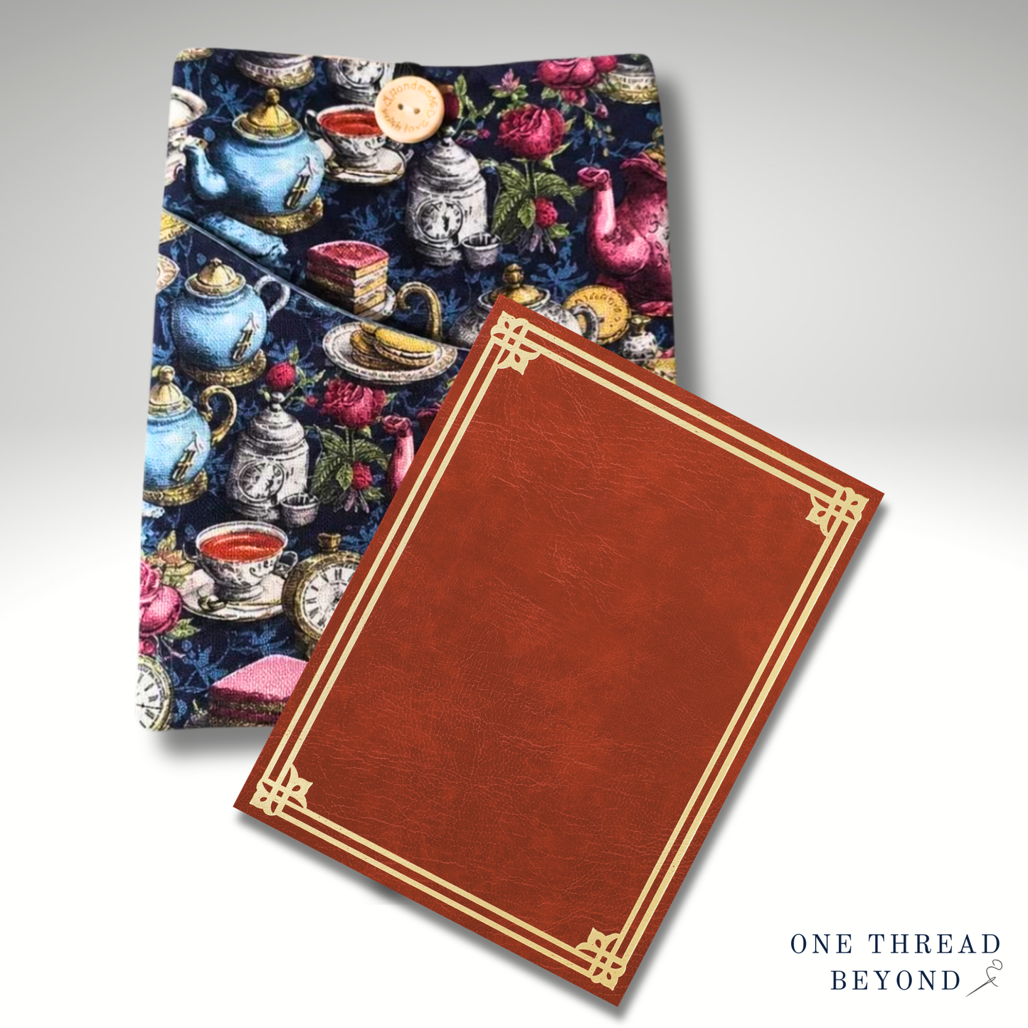 Tea party wonderland book sleeve, padded book protector, book jacket, bookmark