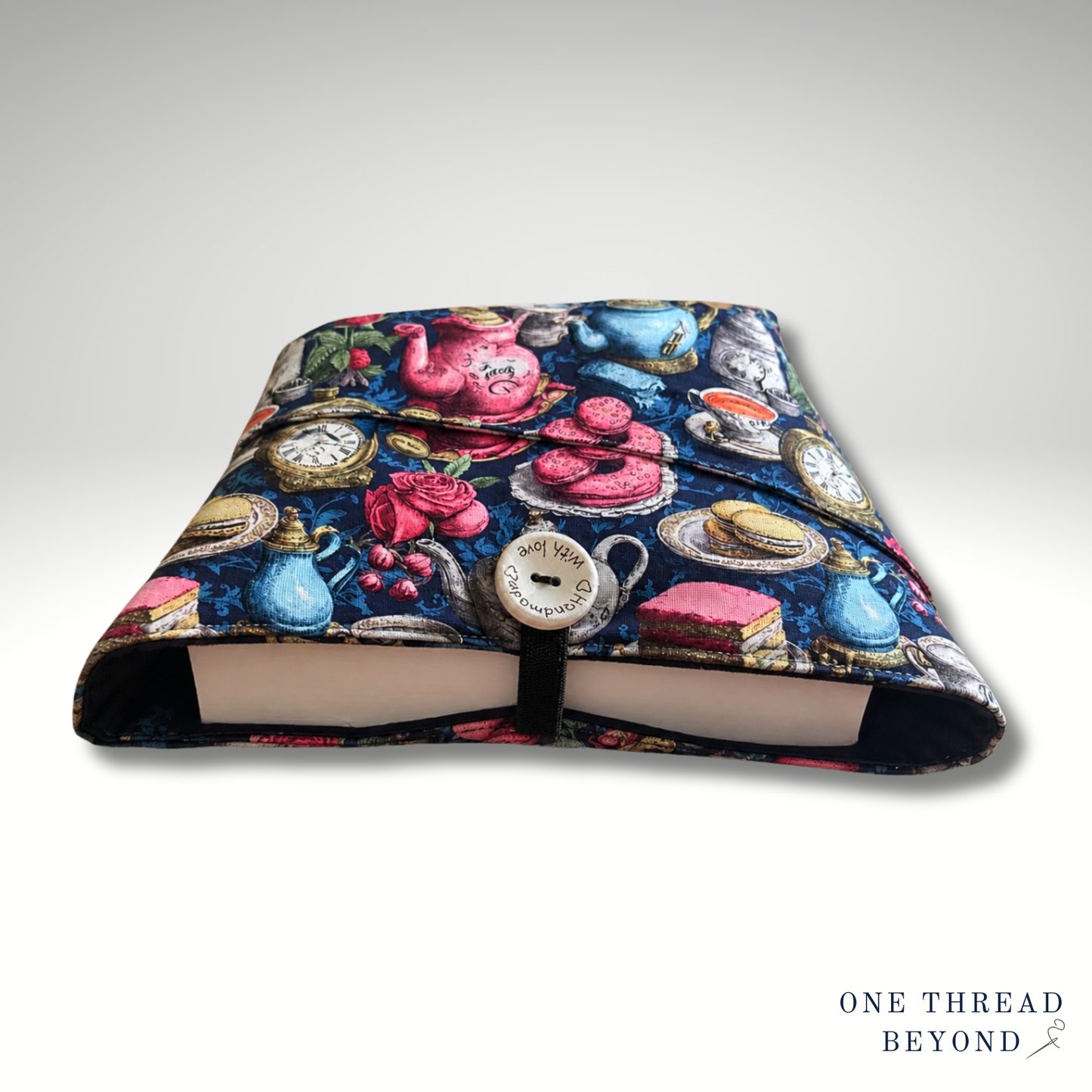 Tea party wonderland book sleeve, padded book protector, book jacket, bookmark
