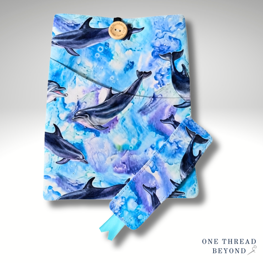 Dolphins book sleeve, padded book protector, book jacket, bookmark
