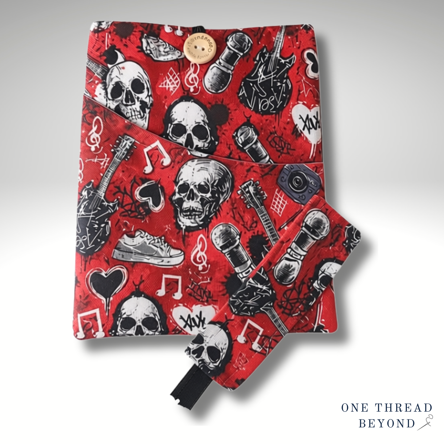 Skulls and Guitars Book sleeve, padded book protector, book jacket, bookmark