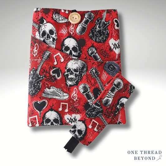 Skulls and Guitars Book sleeve, padded book protector, book jacket, bookmark