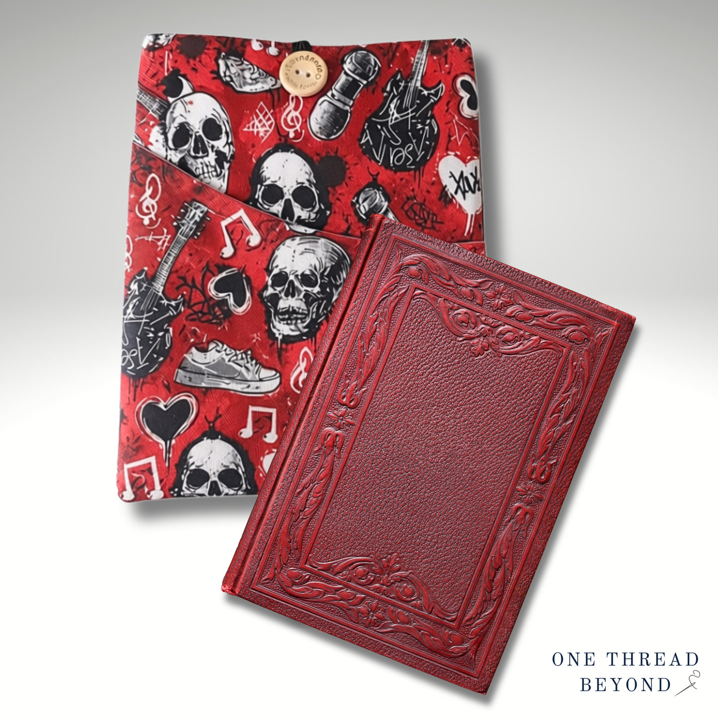 Skulls and Guitars Book sleeve, padded book protector, book jacket, bookmark