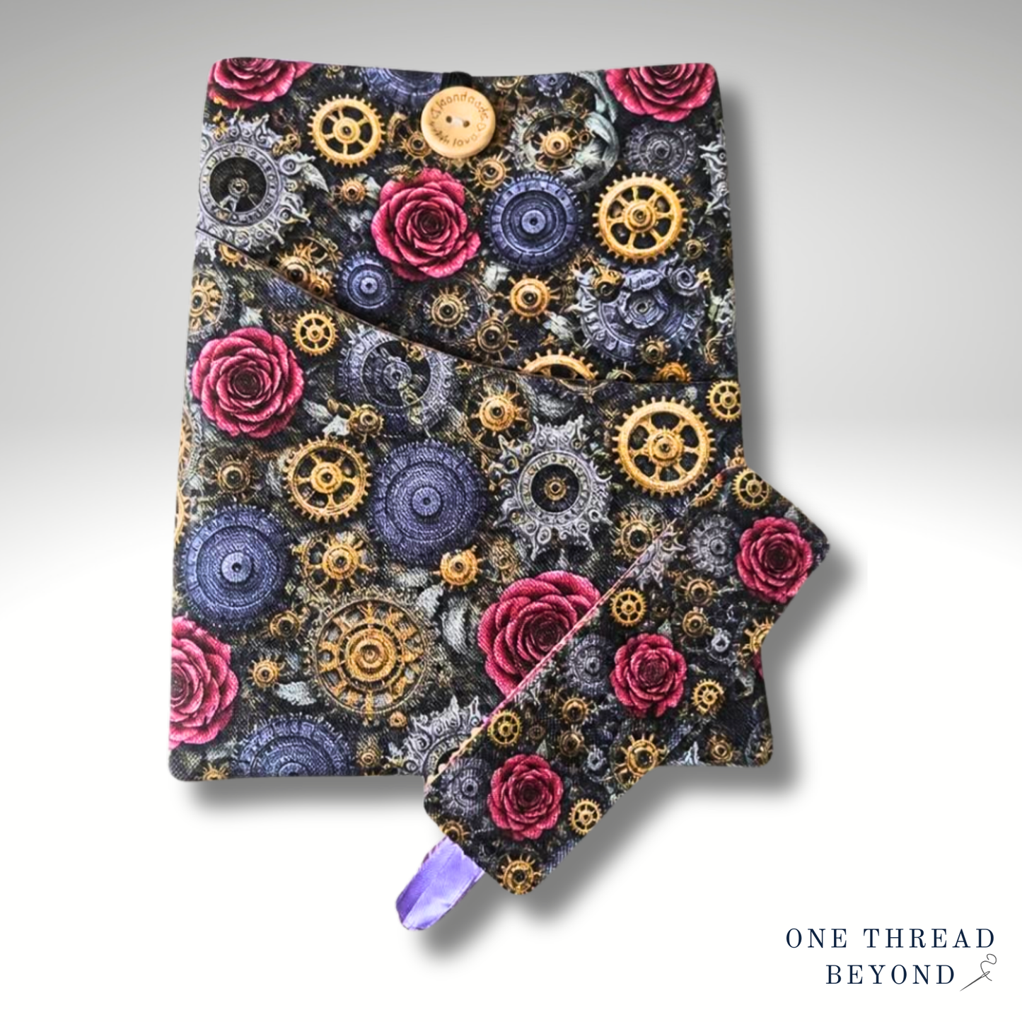 Steampunk Book sleeve, padded book protector, book jacket, bookmark