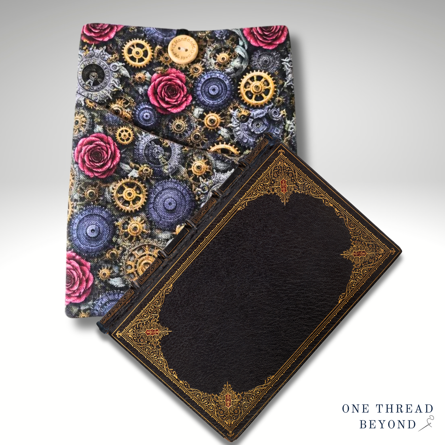 Steampunk Book sleeve, padded book protector, book jacket, bookmark