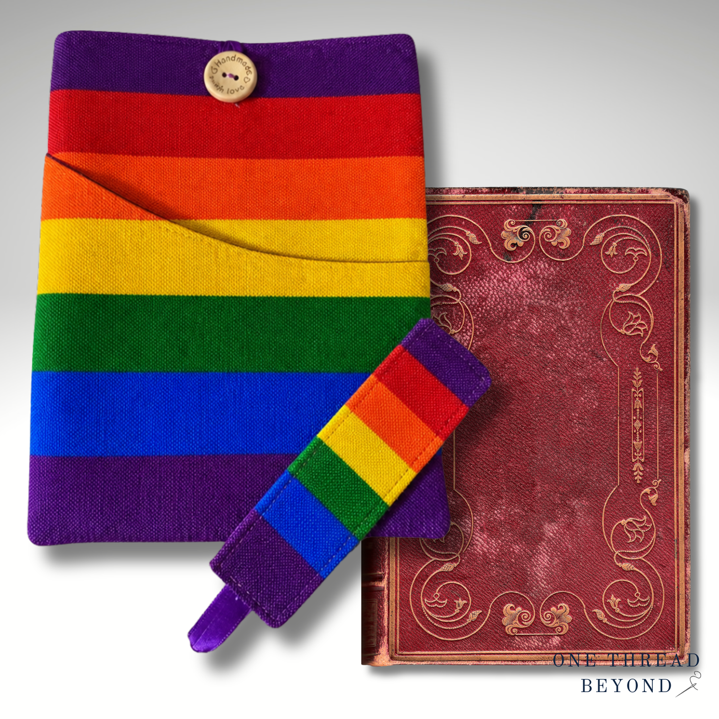 Rainbow Book sleeve, padded book protector, book jacket, bookmark, Pride