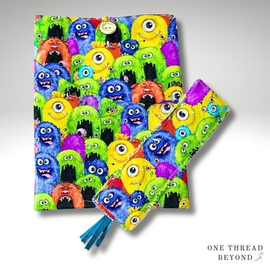 Colourful monsters fun book sleeve, padded book protector, book jacket, bookmark