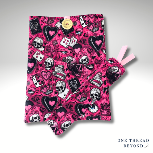 Skulls, hearts and cards book sleeve, padded book protector, book jacket, bookmark, punk