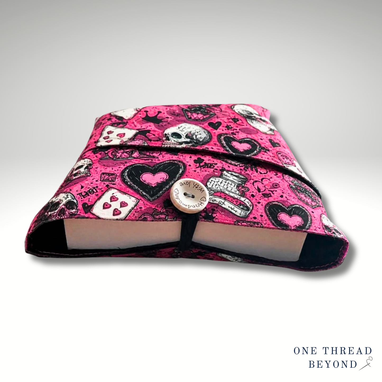 Skulls, hearts and cards book sleeve, padded book protector, book jacket, bookmark, punk