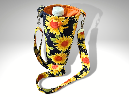 Bottle bag, travel bottle bag, water bottle bag, hiking bag, dog walking bag, across body bag, Sunflowers