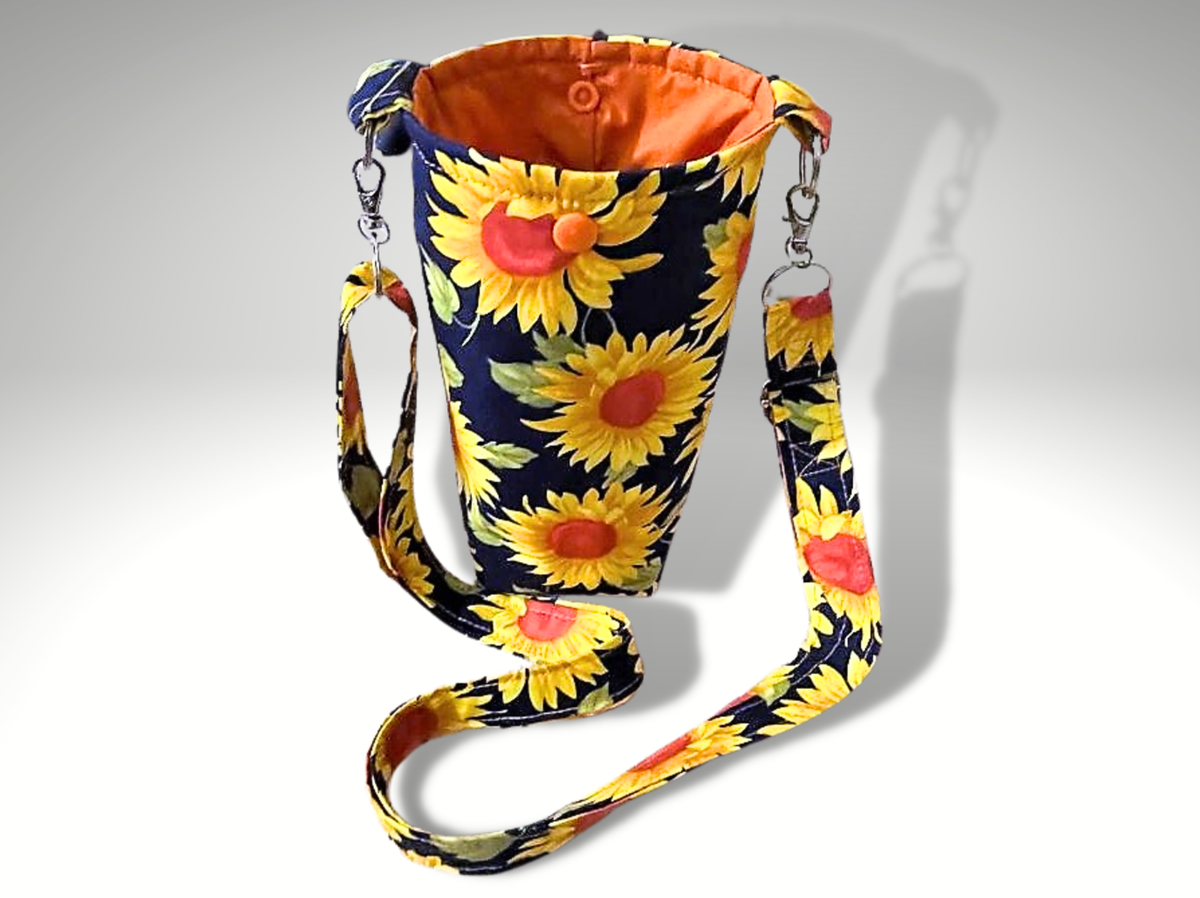 Bottle bag, travel bottle bag, water bottle bag, hiking bag, dog walking bag, across body bag, Sunflowers