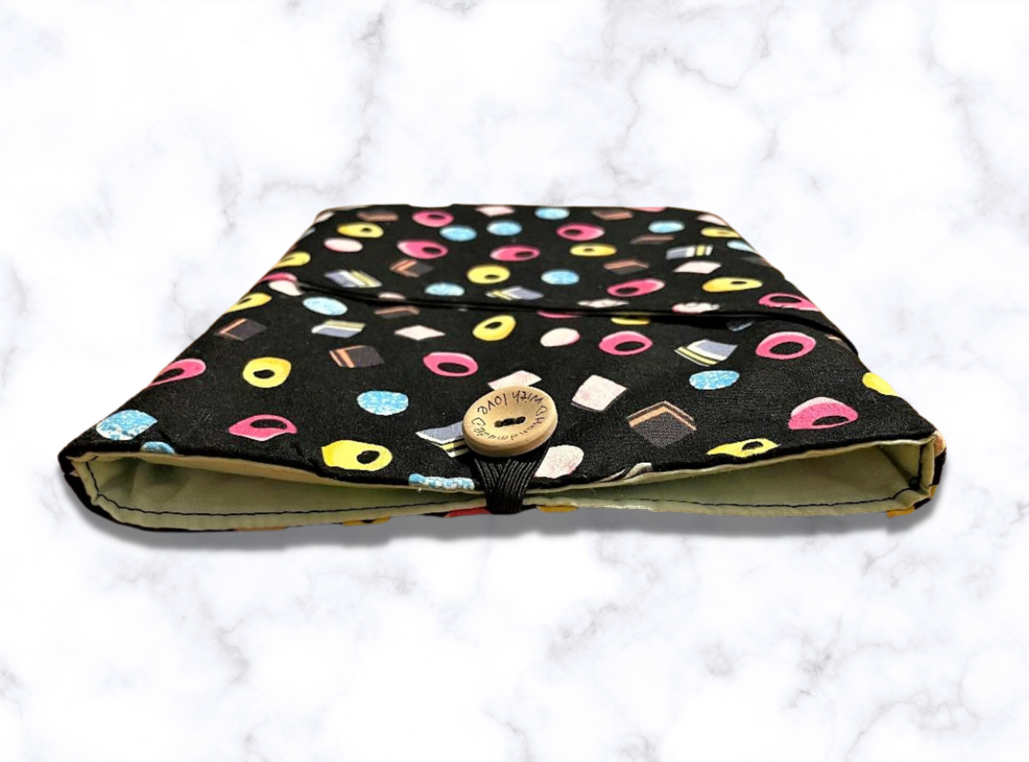 Book Sleeve, Book Protector, Book cover, Book mark, Liquorice Allsorts book holder