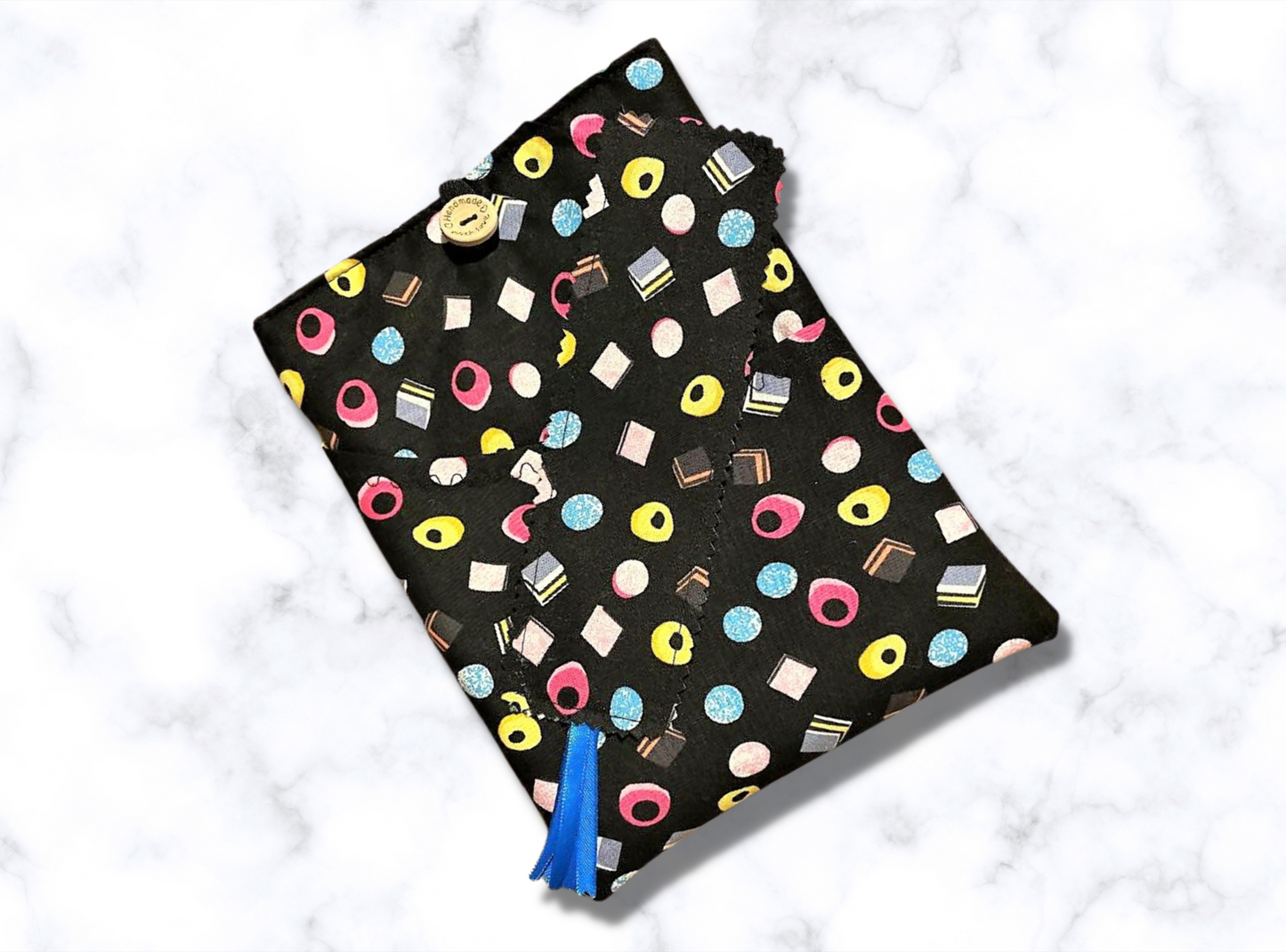 Book Sleeve, Book Protector, Book cover, Book mark, Liquorice Allsorts book holder