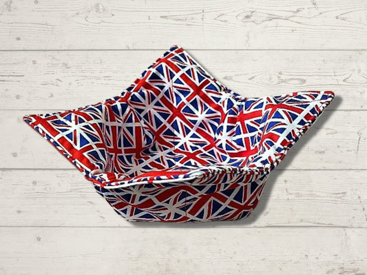 bowl cozy, bowl holder, Union Jack, Kings coronation, housewarming gift, potholder, bowl holder, bowl hug, flag